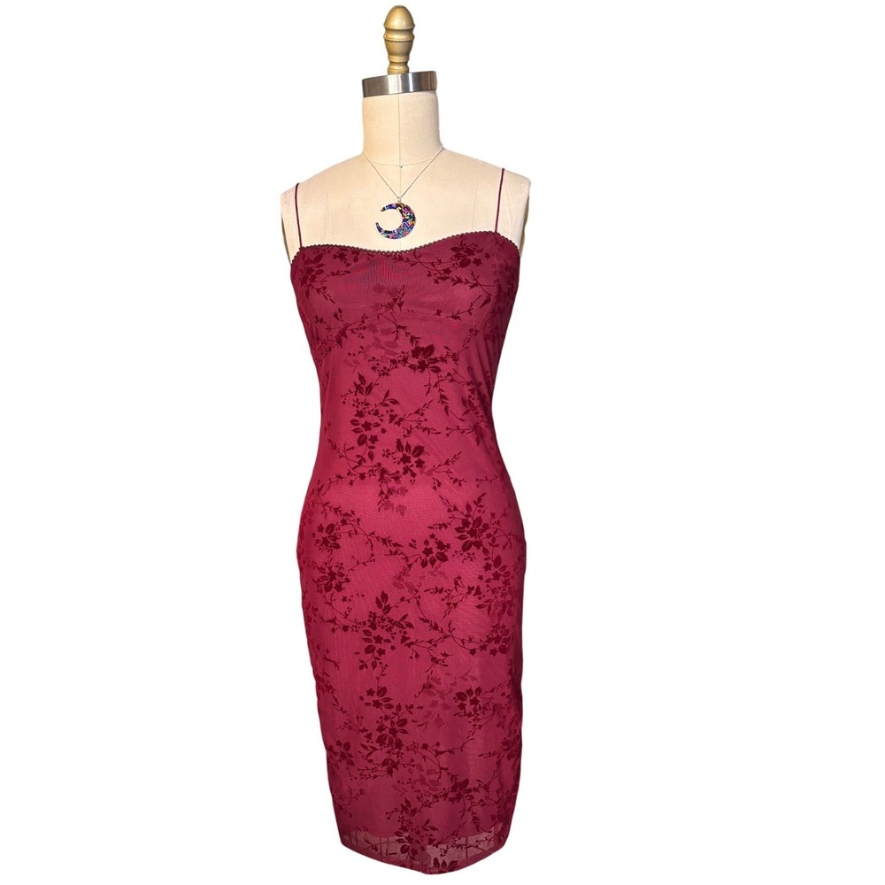 Vintage Burnout Whimsical Velvet Mesh Midi Dress Beaded Bodycon 10 Burgundy